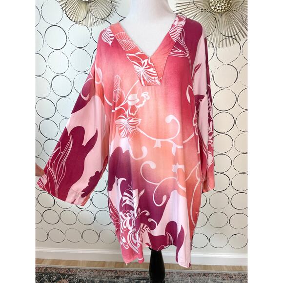 Natori Dresses & Skirts - Natori Womens Floral Kimono Dress M Pink Wide Sleeve Pockets Artsy Resort